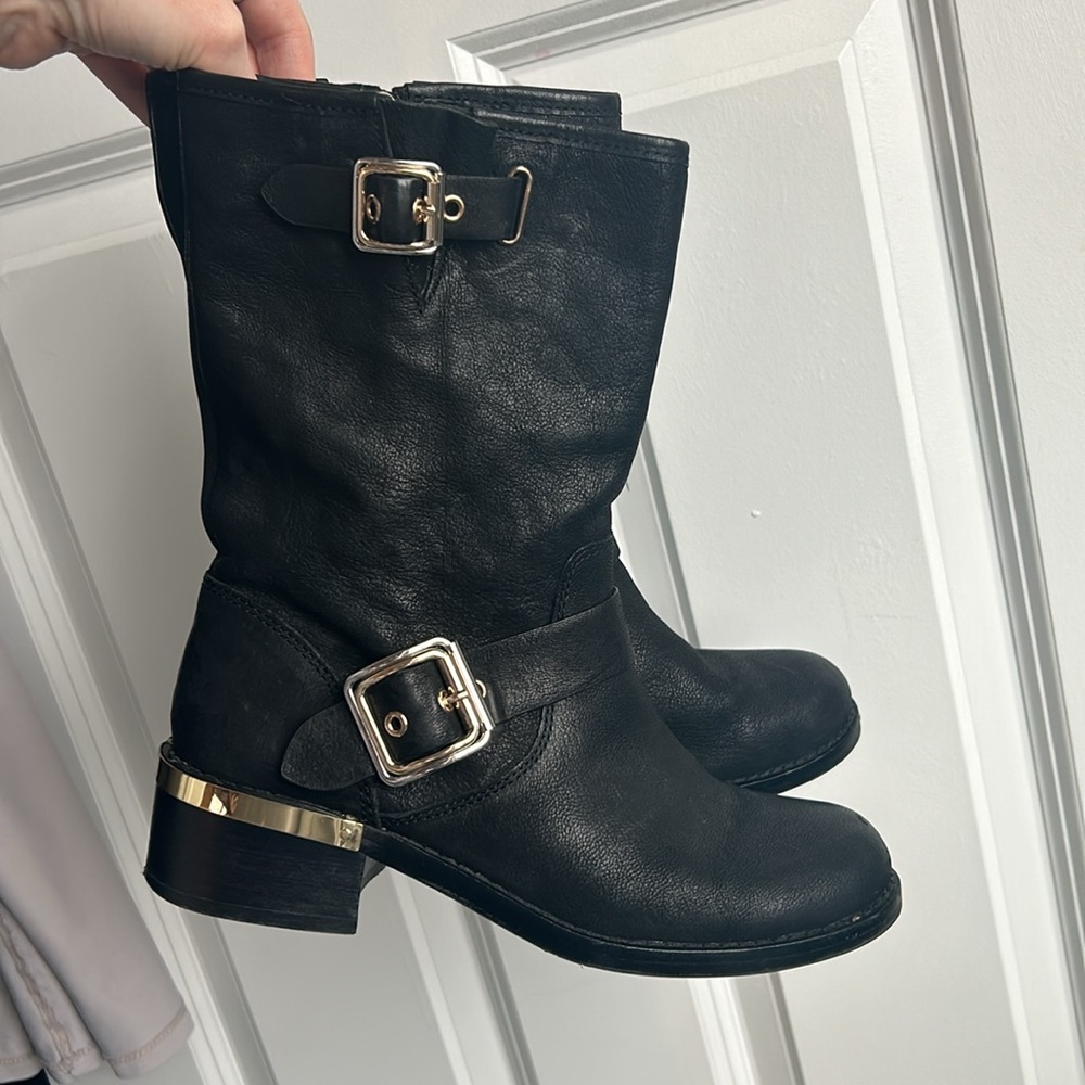 Vince Camuto Black Soft Leather Mid Calf Boots Gold Hardware size 7M